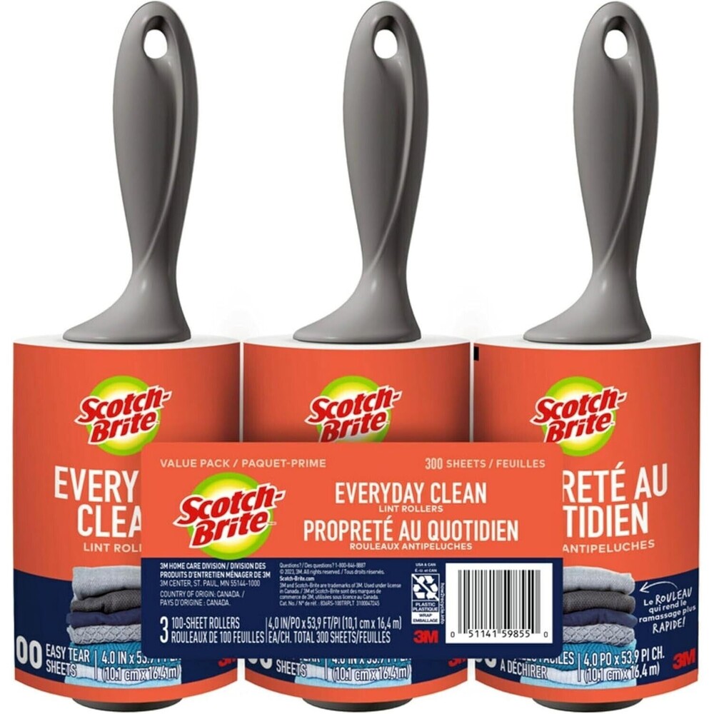Scotch-Brite Lint Roller,Clothing, Furniture, 3 Rollers, 100 Sheets per Roller